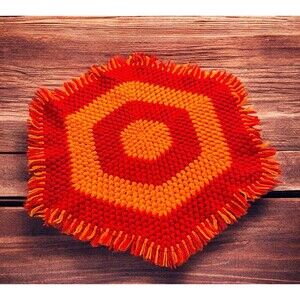 Vtg Handmade Crochet Hexagon 30” Table Topper Or Throw Rug 70s 80s Orange & Red